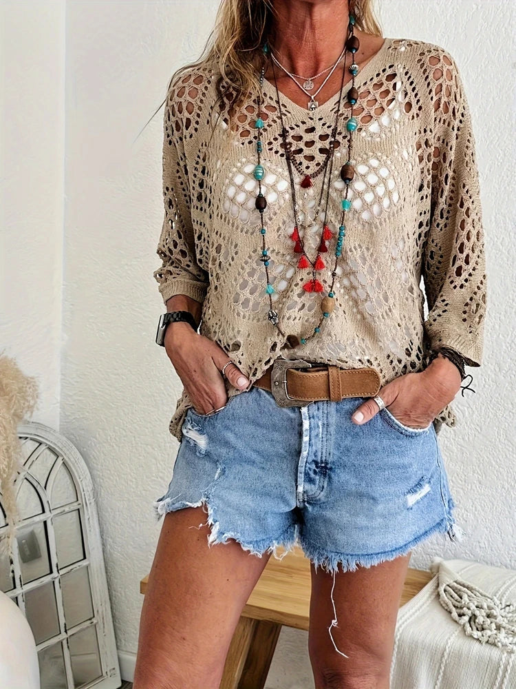 Women's large perforated sweater™ hollow knit versatile sweater
