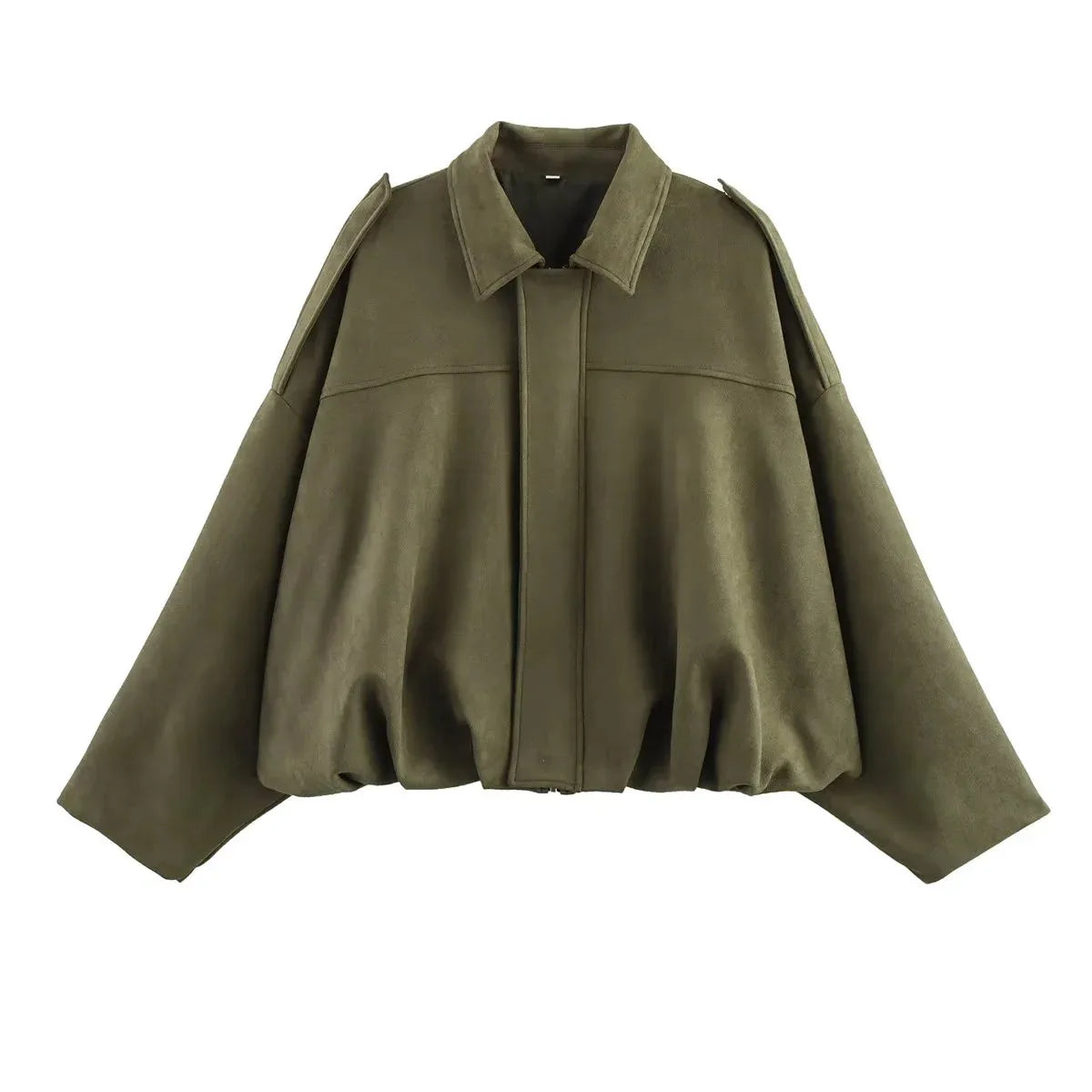 Women's Green Suede Jacket™ Spring Long Sleeve Zipper Oversize Bomber Outerwear
