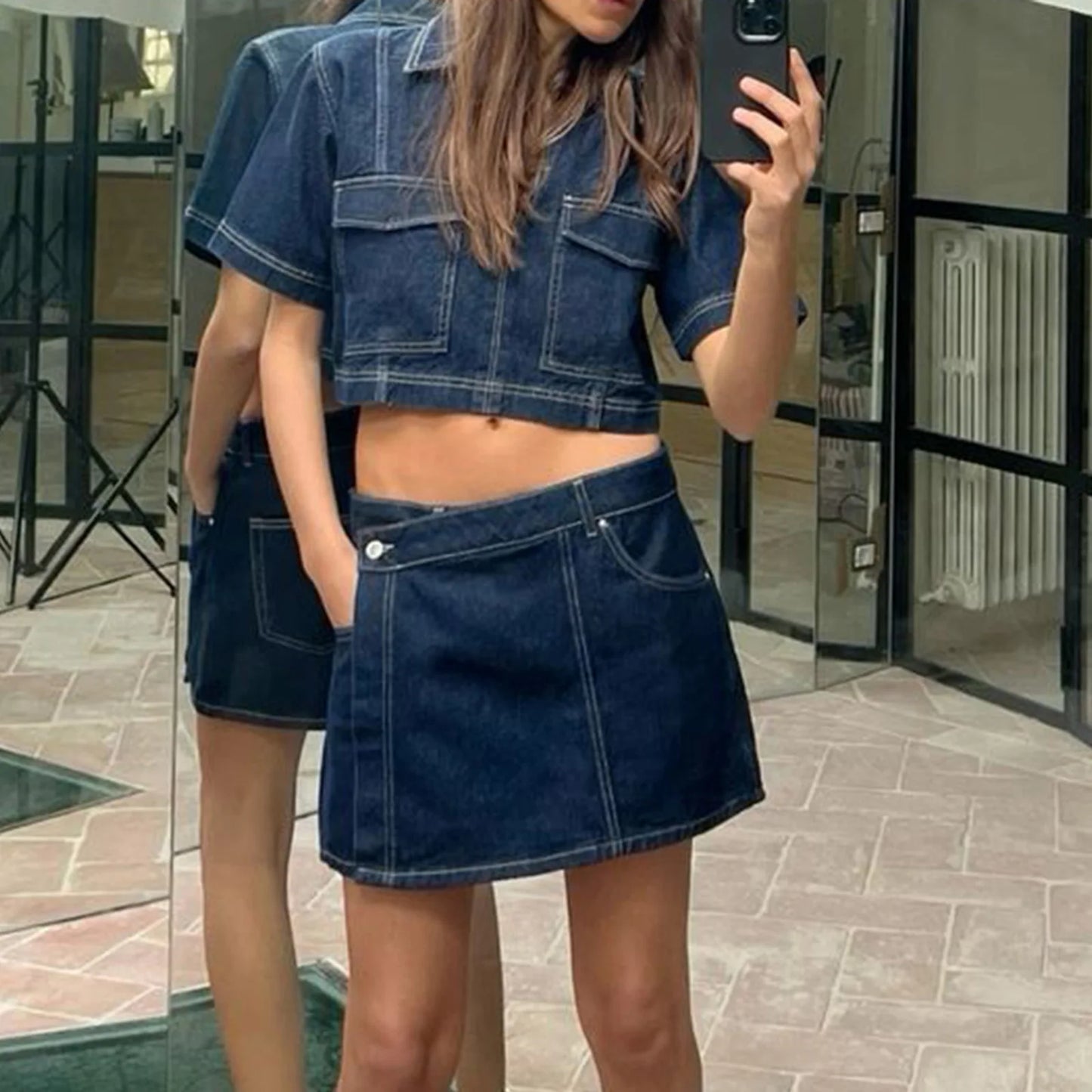 Women's Denim 2 Piece Set™ Short Sleeve Jean Tunic Tops Irregular Hem Mini Skirt Shorts Set