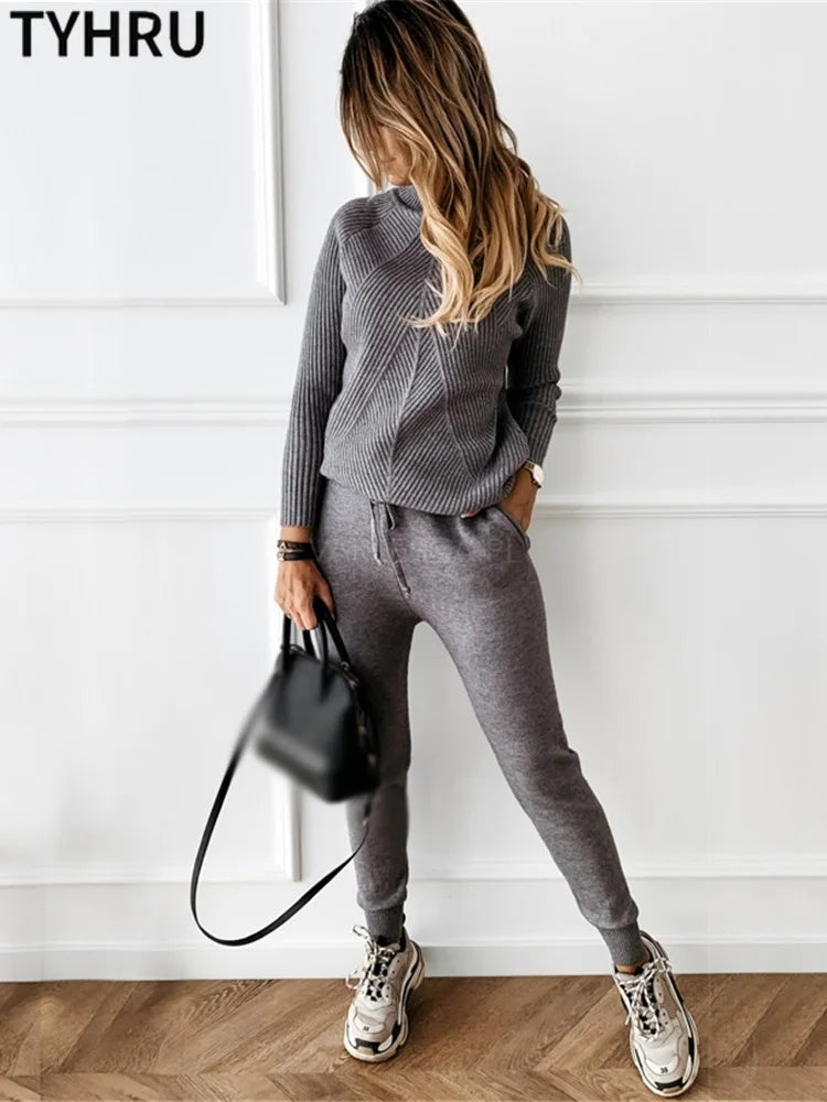 Women's tracksuit™ TYHRU Autumn Winter Knitted Striped Turtleneck Sweater and Elastic Trousers Set