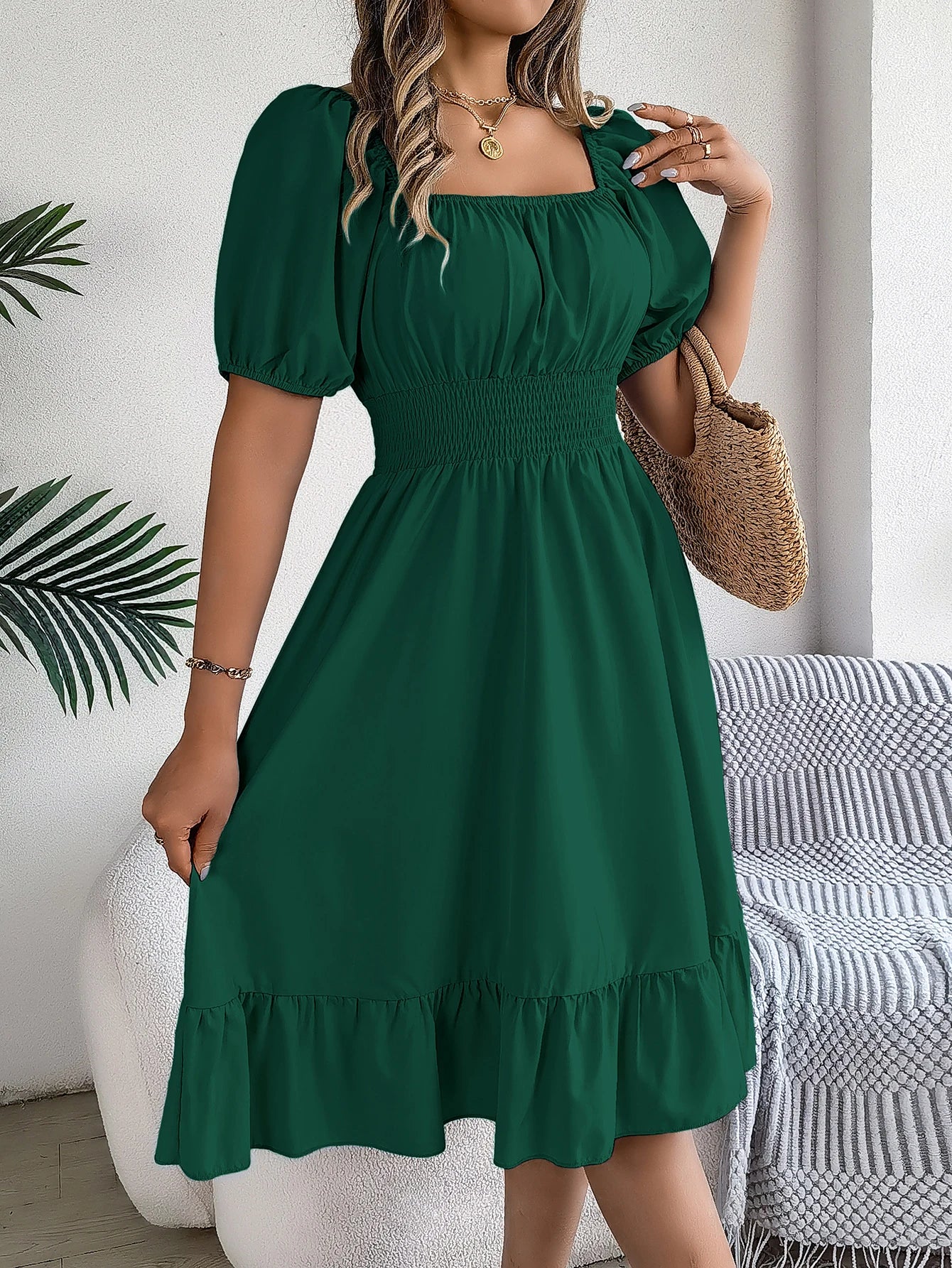 Women's Solid Puff Sleeve Square Neck Dress™ Ruched Bust Ruffle Hem Waist Dress,