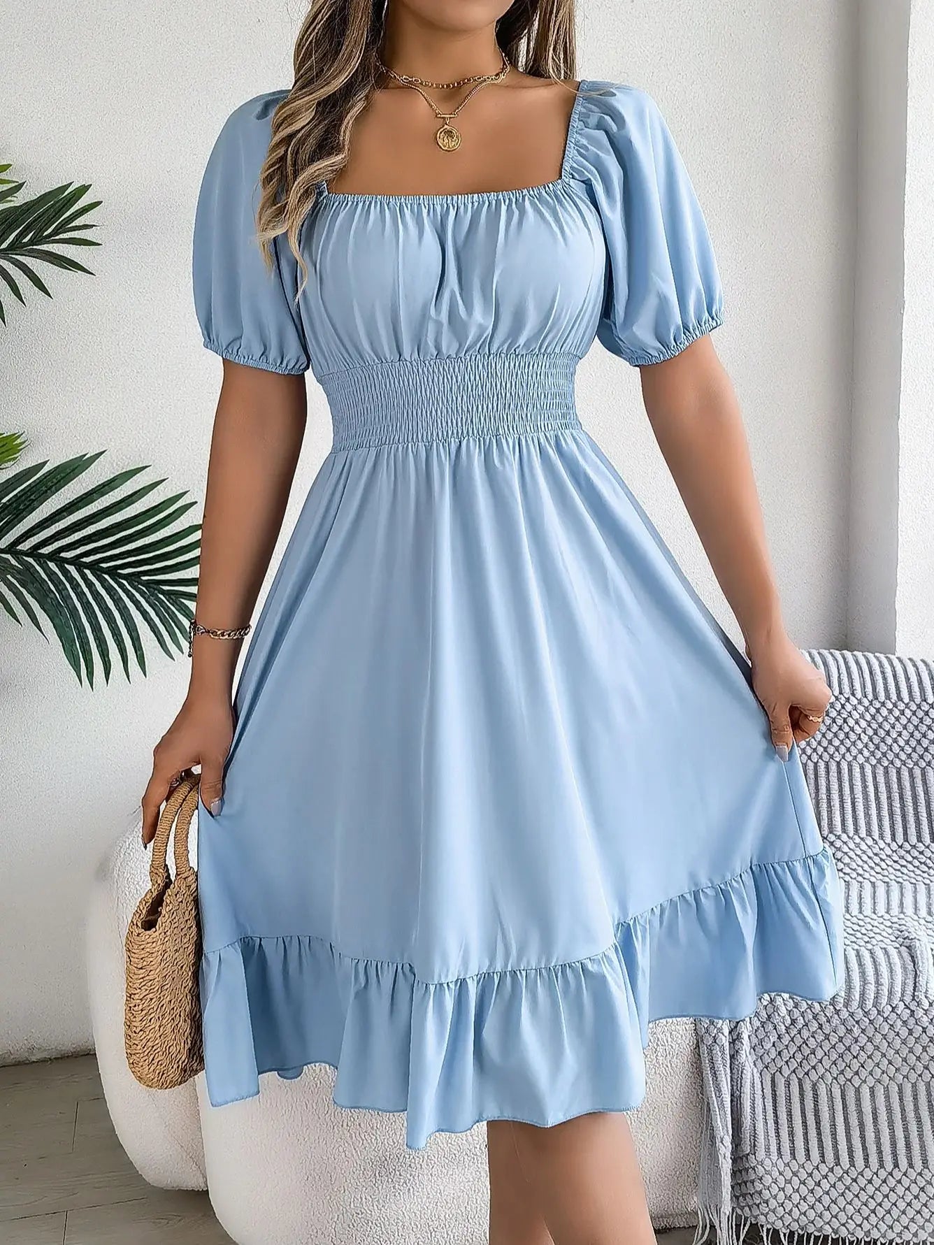 Women's Solid Puff Sleeve Square Neck Dress™ Ruched Bust Ruffle Hem Waist Dress,
