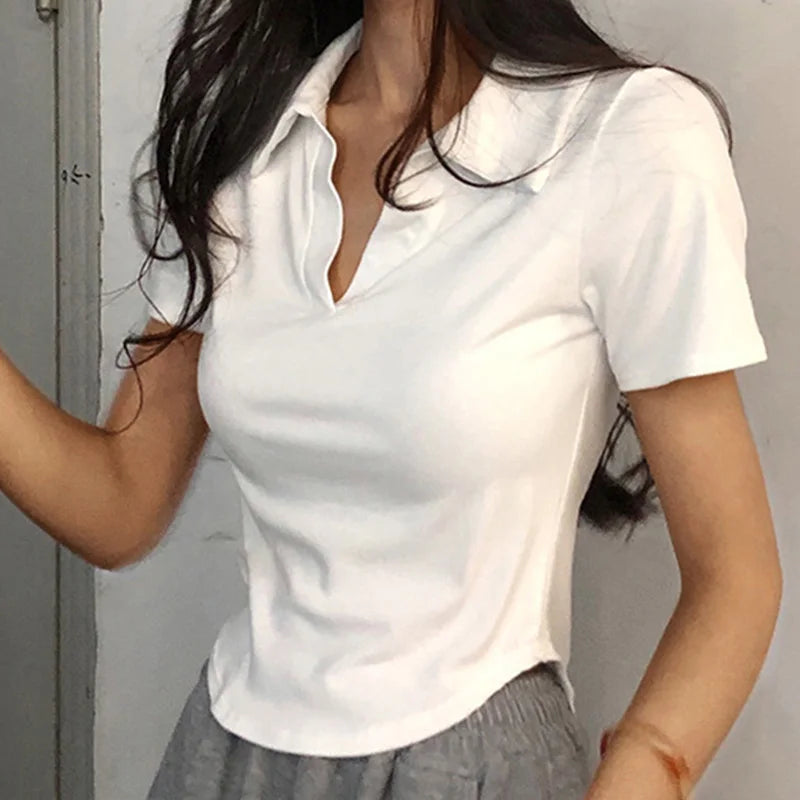Women's Summer Short Sleeve Lapel Tops™ V-Neck Retro Slim Versatile Tee
