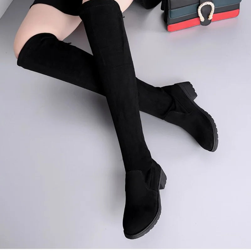 Women's Boots™ Winter Black Over The Knee Lace Up Chunky Round Toe Boots
