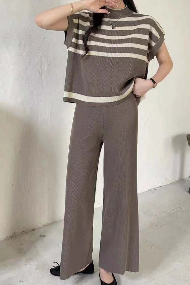 Women's Summer Suit™ 2 Pieces Set O-Neck Sleeves Tank Top Stripe Sweater Wide Leg Pant Set Outfit