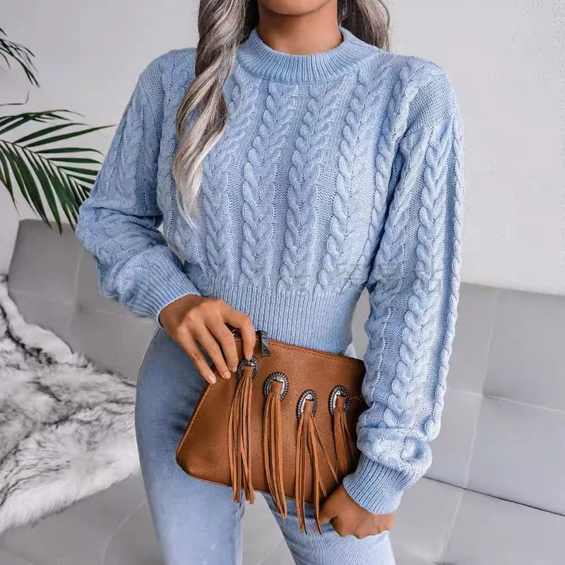 Women's Knit Sweater™ Long Sleeve Crew Neck Crop Cable Tops