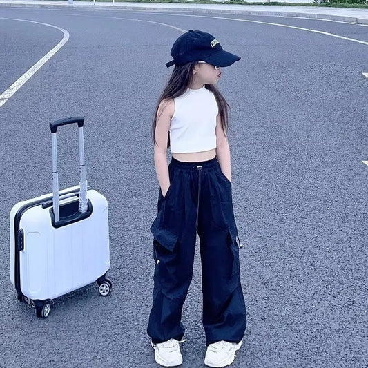 Girls Casual Cargo Pants™ Children Vintage Elastic Waist Baggy Cargo Trousers