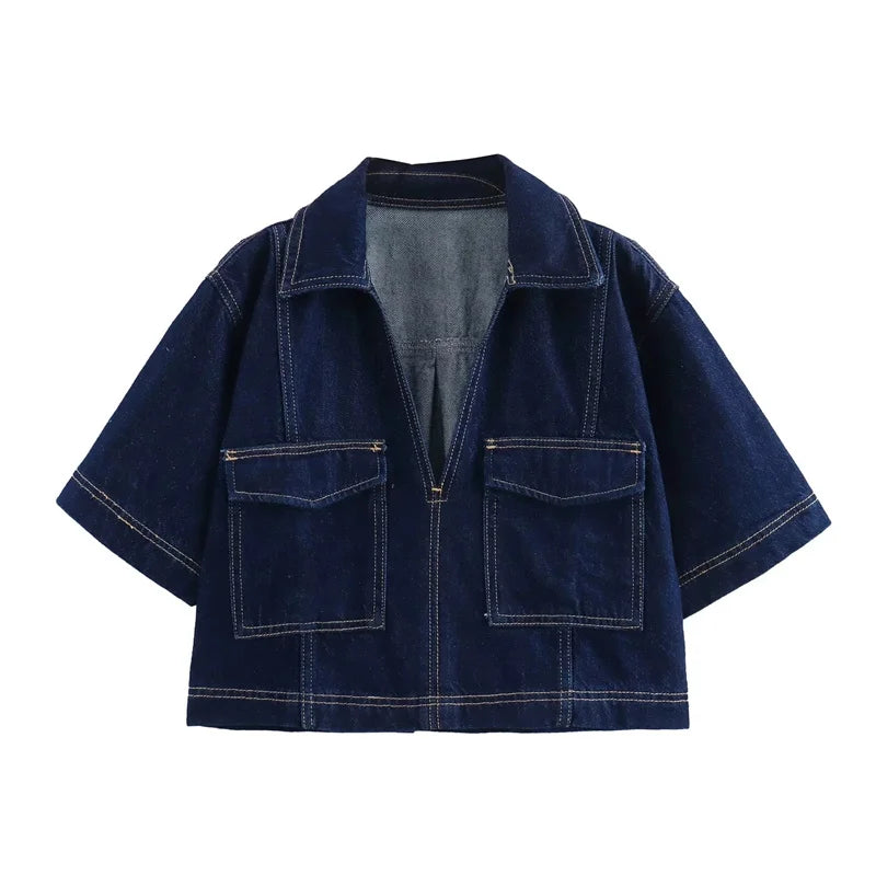 Women's TRAF Blue Denim Suit™ Short Sleeve Cropped Shirt & Short Y2k Set