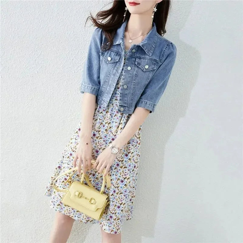 Women's Vintage Crops Turn Down Collar Jackets™ Half Sleeve Denim Fit Harajuku Outwear