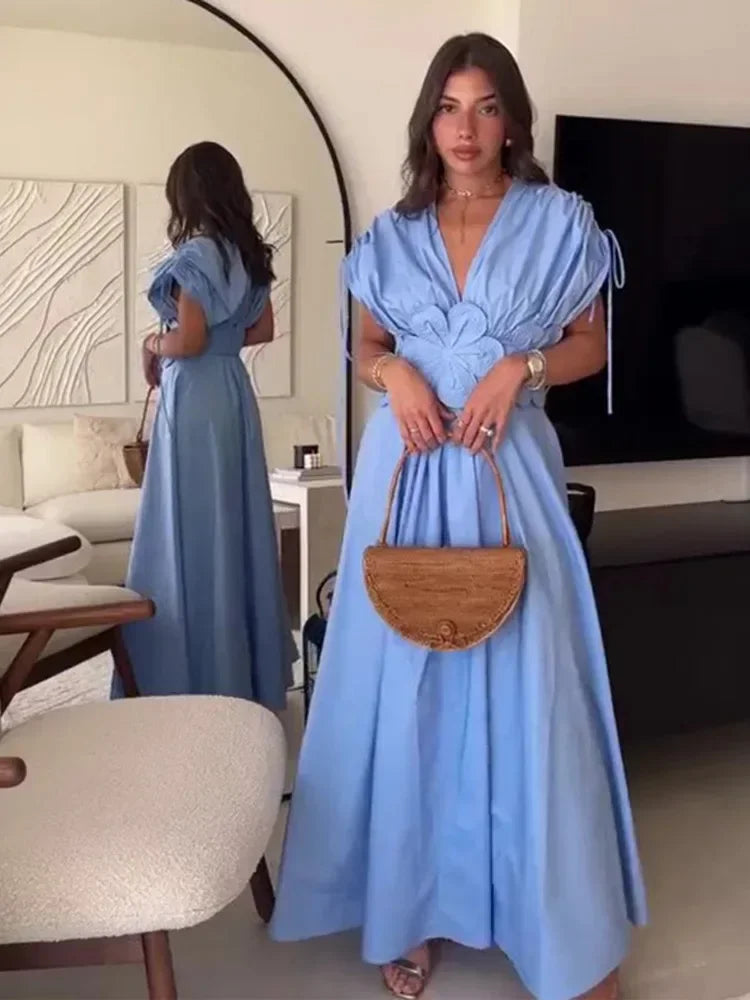 Women's V-Neck Blue Dress™ Waist-Fitted Bow-Decored Long Dress