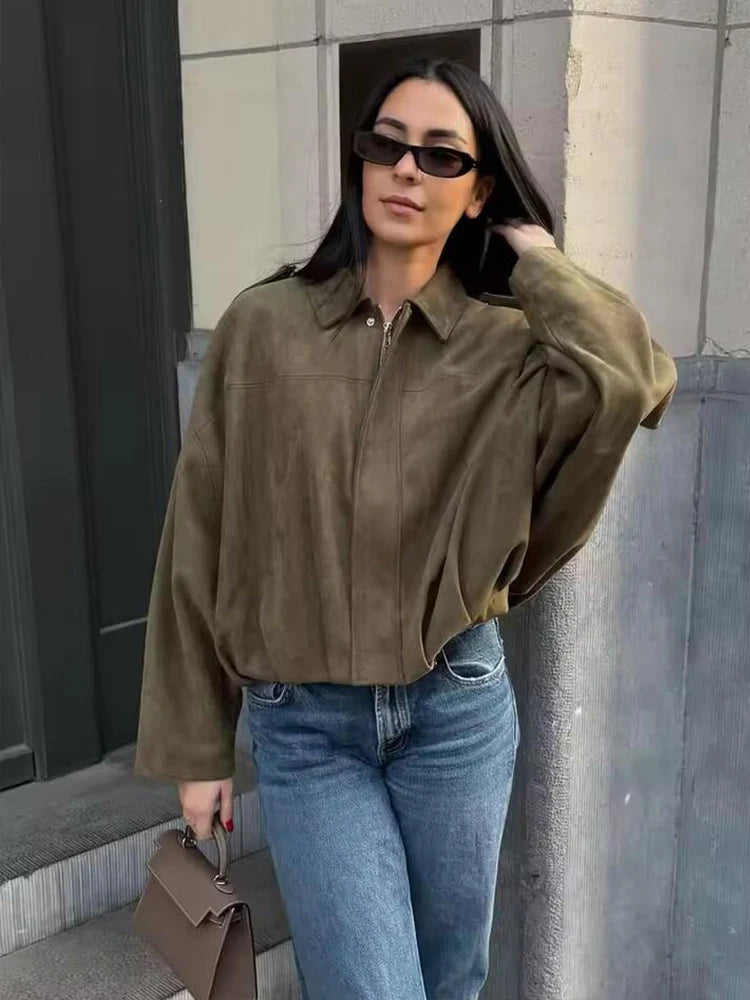 Women's Green Suede Jacket™ Spring Long Sleeve Zipper Oversize Bomber Outerwear