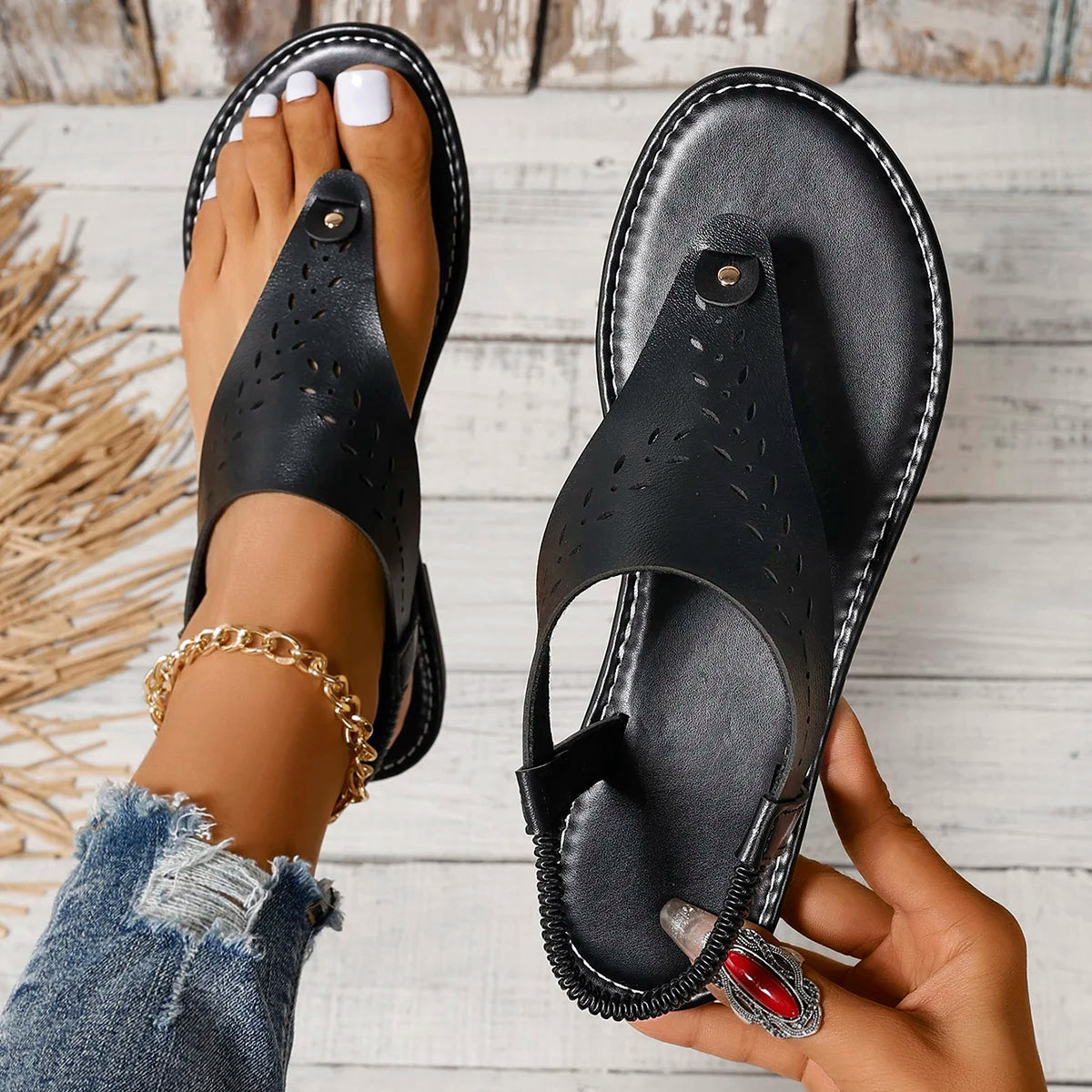 Women's Sandals Open Toe Casual Sandals™ Rivet Elastic Band Flat Heel Soft Bottom Sandals
