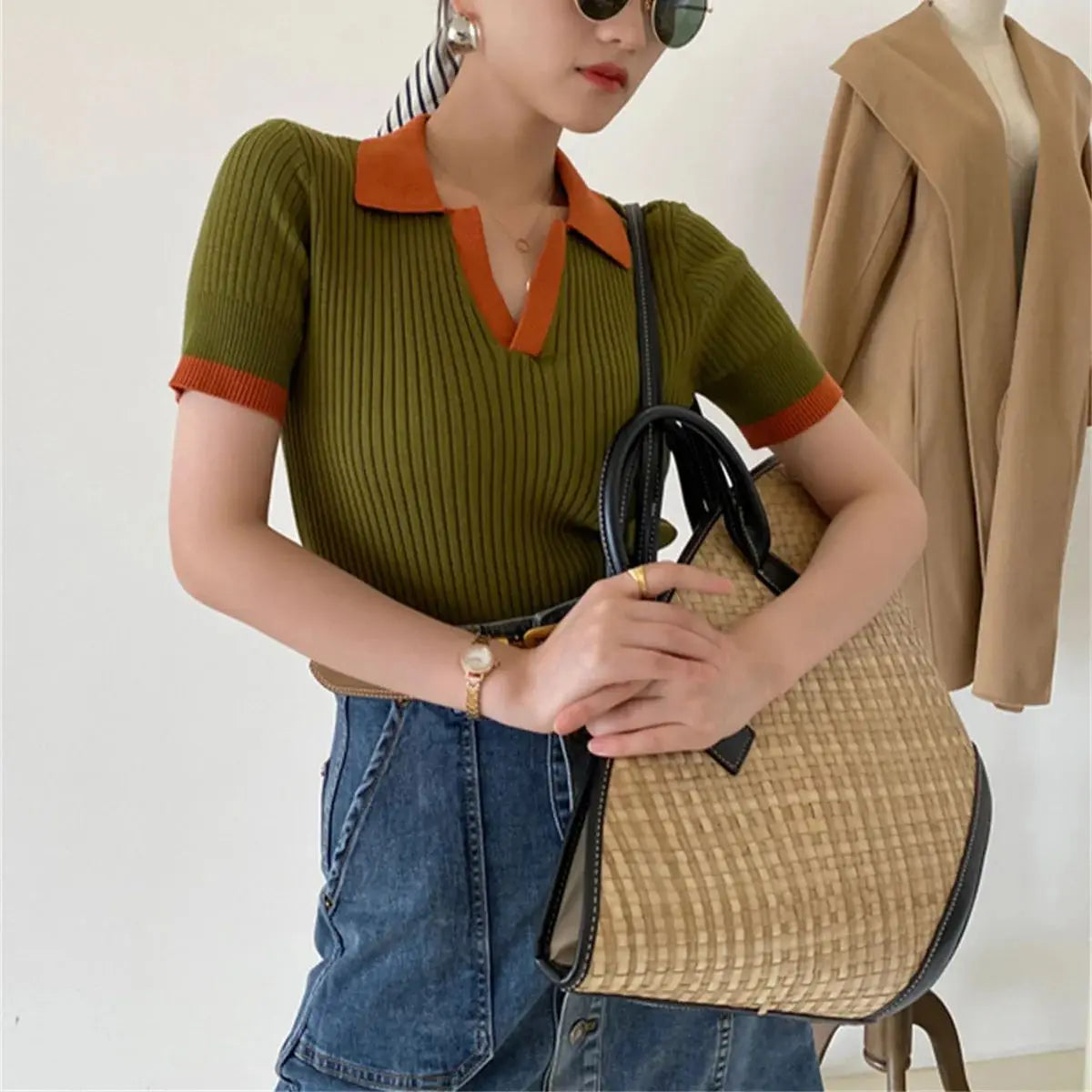 Women's V Neck Knitted Tops™ Short Sleeve Slim Casual Vintage T-shirt