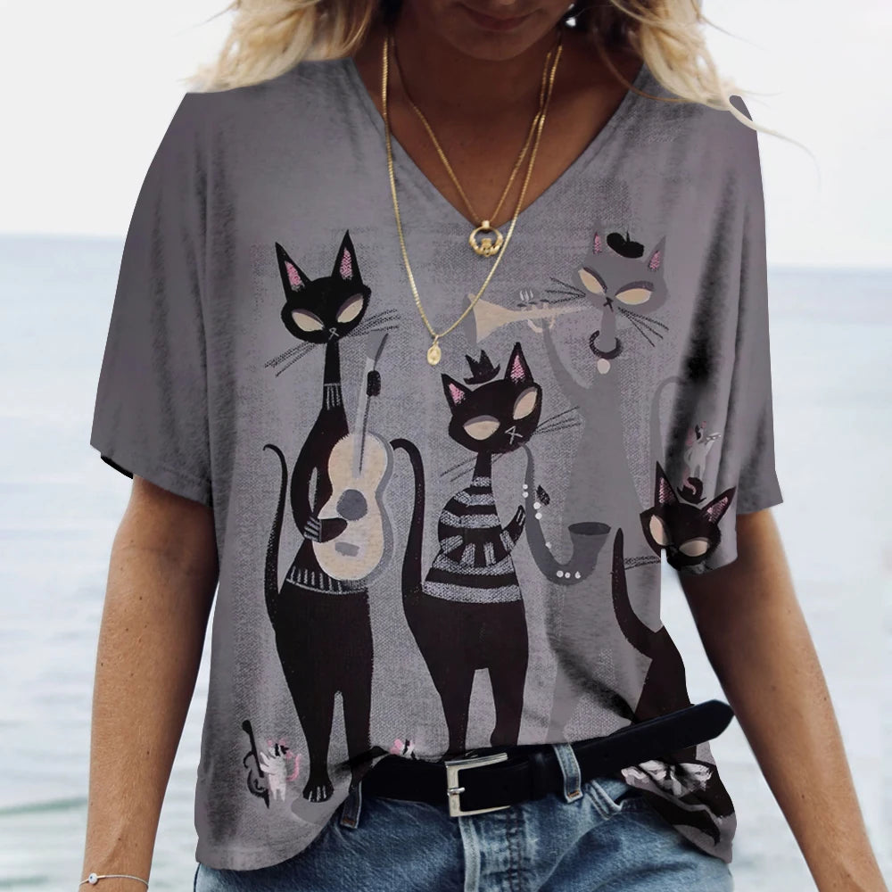 Women's Cartoon Cat Print T-shirt™ Summer Short Sleeve V-Neck Kawaii Fashion Tees