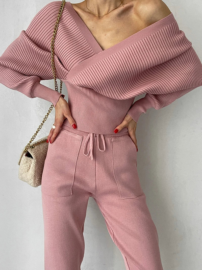 Women's Knitted Tracksuit™ Off Shoulder Knitted Long Sleeve Sweater  and Pants Suits