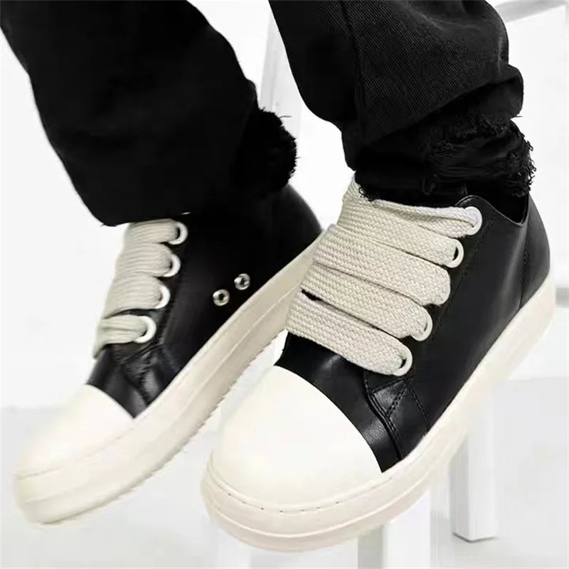Women's Platform Sneakers™ Black Leather Zipper Lace Up Casual Shoes