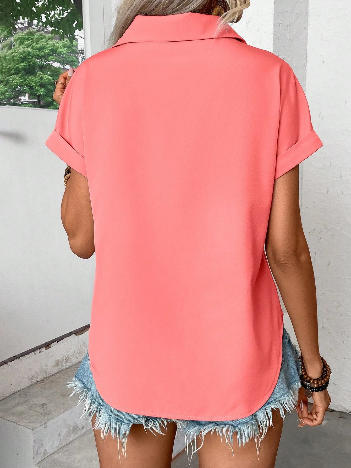 Women's Solid Color Buckle Lapel T-shirts™ Shoulder Pleated Flap Short-Sleeved Tops