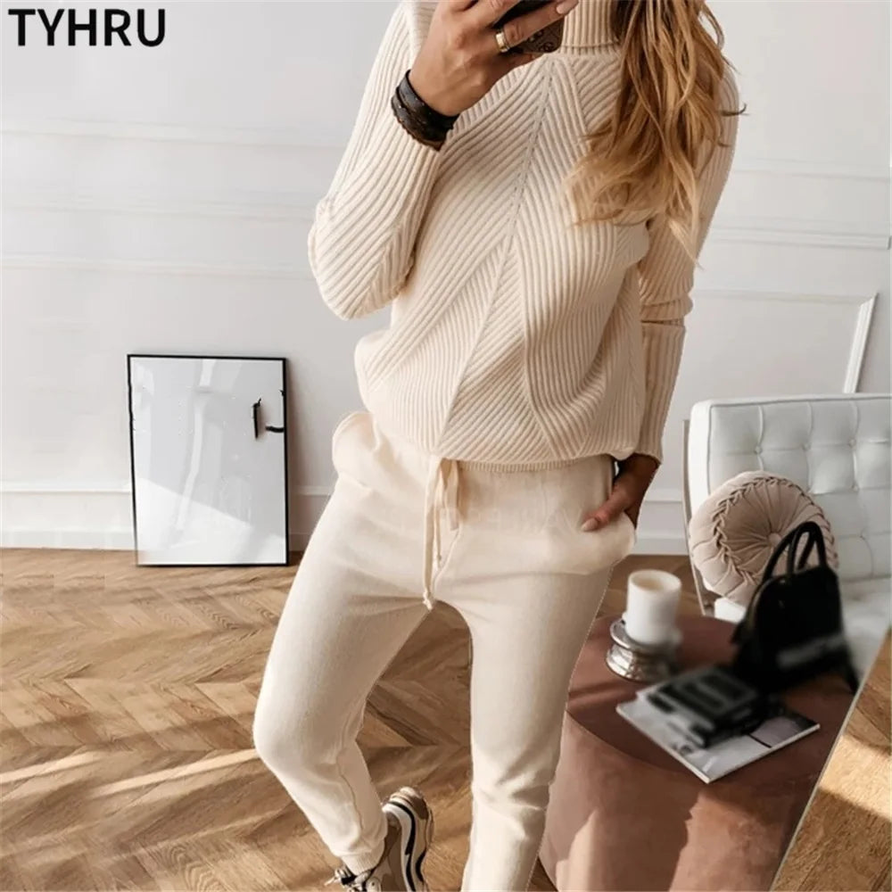 Women's tracksuit™ TYHRU Autumn Winter Knitted Striped Turtleneck Sweater and Elastic Trousers Set