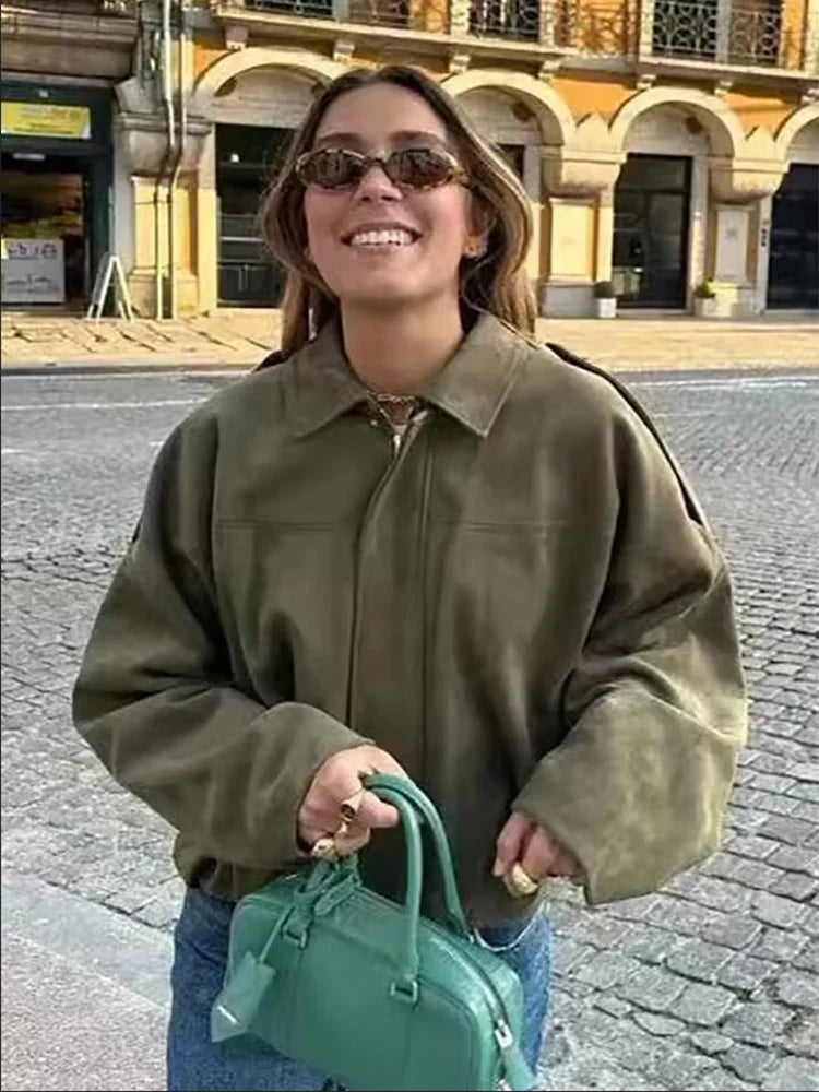 Women's Green Suede Jacket™ Spring Long Sleeve Zipper Oversize Bomber Outerwear