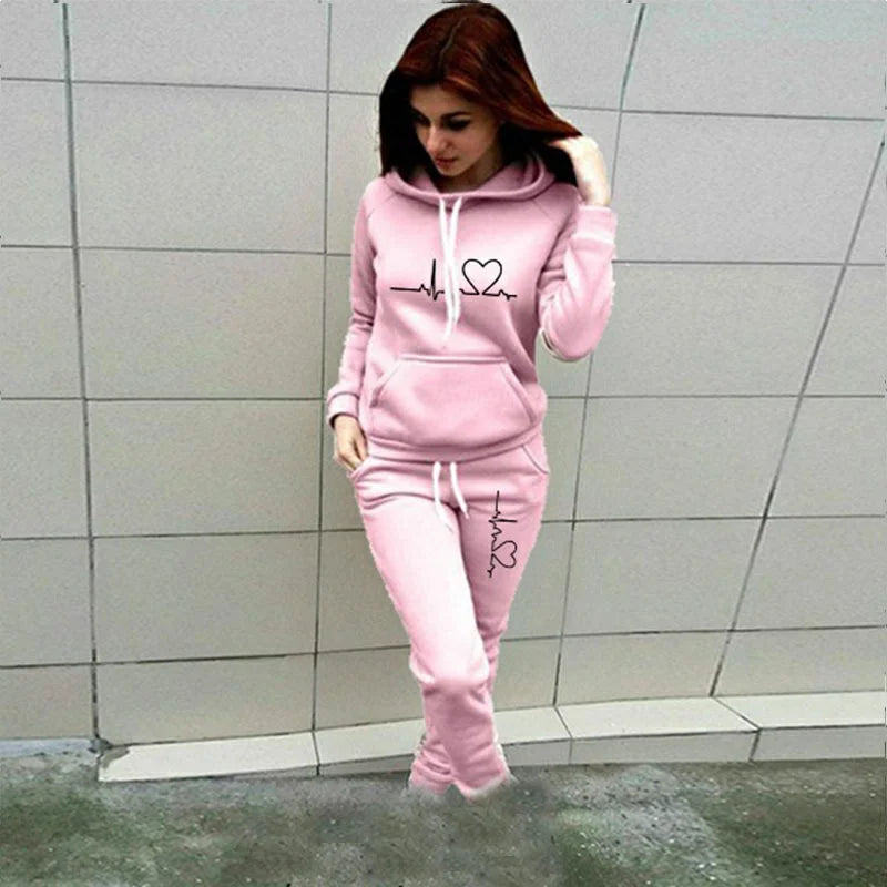 Printed Women's Suit™ Hooded Heartbeat Line Sweatshirt Pants Set