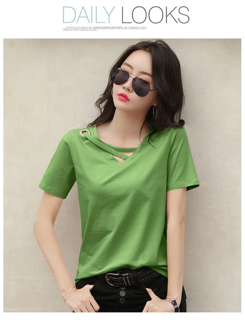 Women Short Sleeve Heart-neck T-shirt™ Half-sleeve Loose Tops