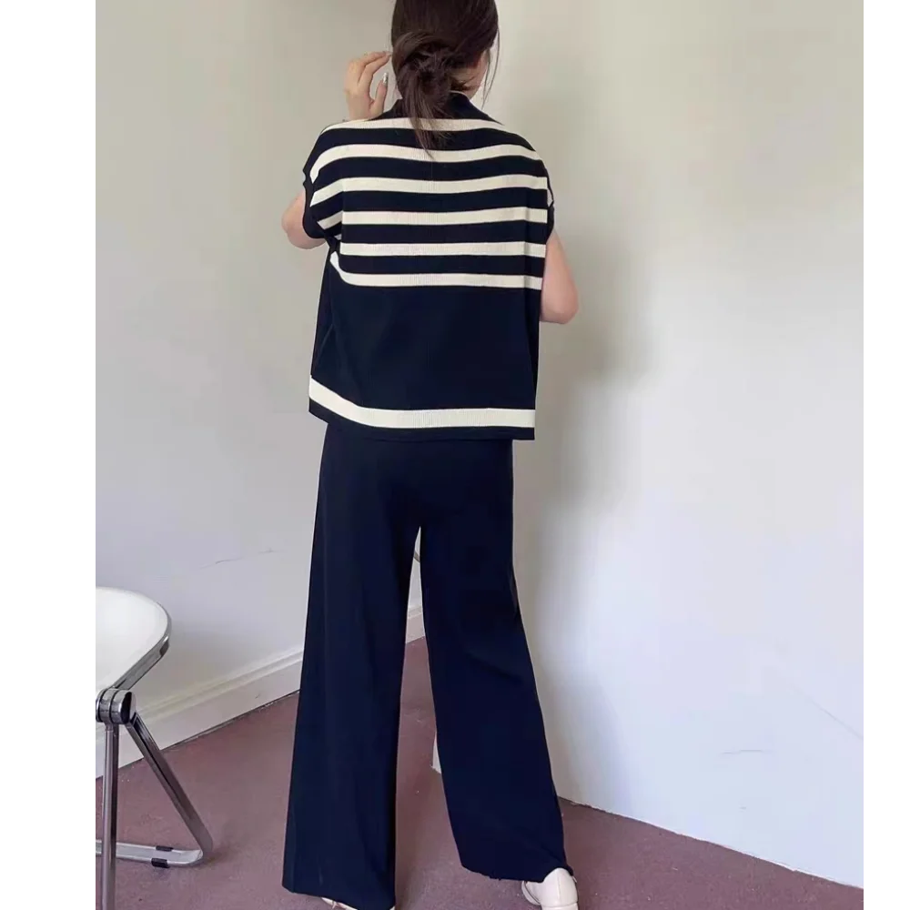 Women's Summer Suit™ 2 Pieces Set O-Neck Sleeves Tank Top Stripe Sweater Wide Leg Pant Set Outfit
