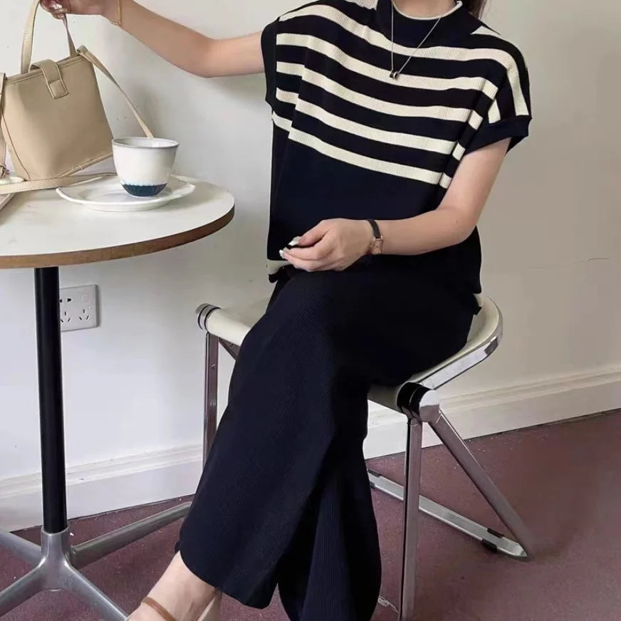 Women's Summer Suit™ 2 Pieces Set O-Neck Sleeves Tank Top Stripe Sweater Wide Leg Pant Set Outfit