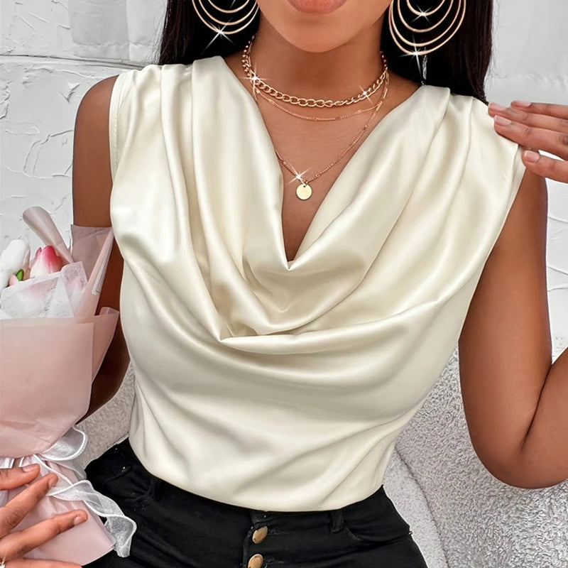 Women's Silk-Like Satin Tank Tops™ Strappy Cowl Neck T-Shirts