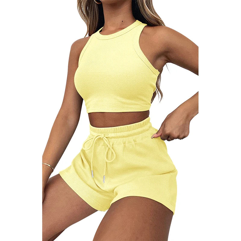 Women's Solid Waffle Textured Shorts Set™ Breathable O-Neck Crop Tank Top & Drawstring Shorts Set