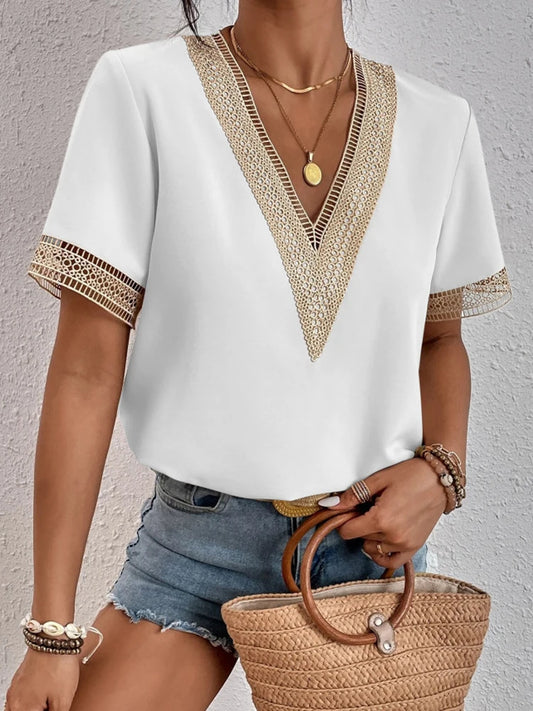 Women's Short Sleeve T-Shirt™ Summer Slim Fit Pullover Basic Tees V Neck Lace Tops Y2k Clothes