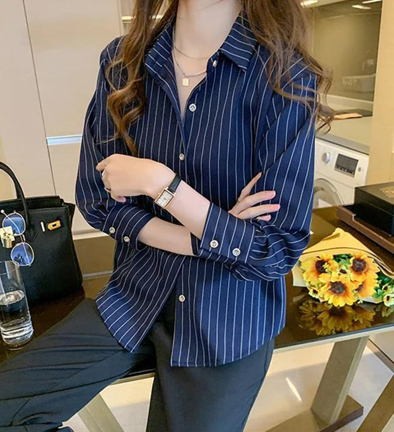 Women's Striped Shirt™ Y2K Summer Vintage Chic Loose Long Sleeve Office Ladies Shirt
