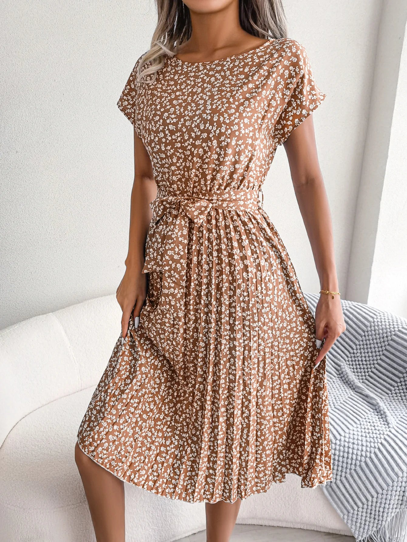 Women Dresses™ Spring Summer Short Sleeve High Waist Floral Pleated A Line Long Dress