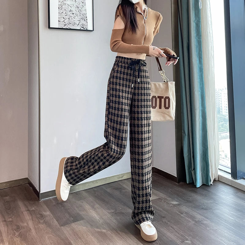 ITOOLIN Women's Plaid Tweed Pants™ Thicken Velvet Warm Wide Leg High Waist Pants