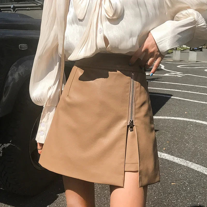 Women's Mini Dress™ Fashionable Zippered Pu Leather Slimming High-waisted A- line Skirt
