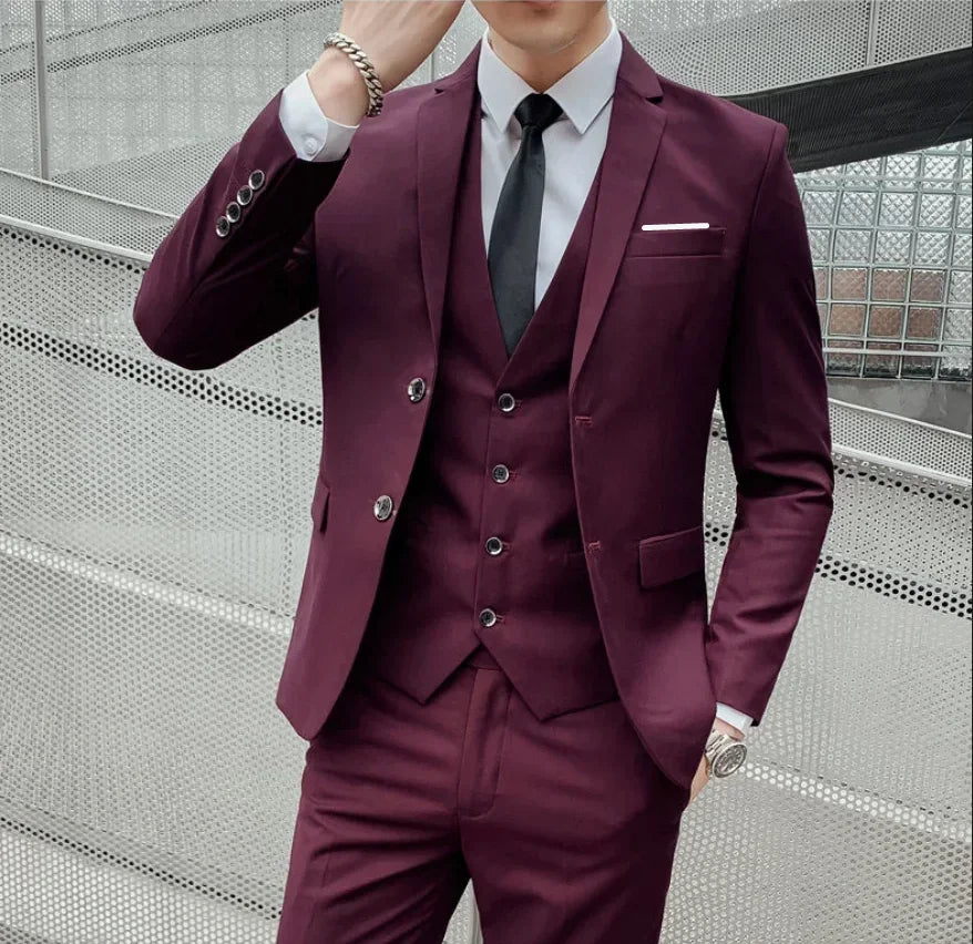 Men's Suit (Blazer+ Vest + Trousers) British Style Solid-color Suit