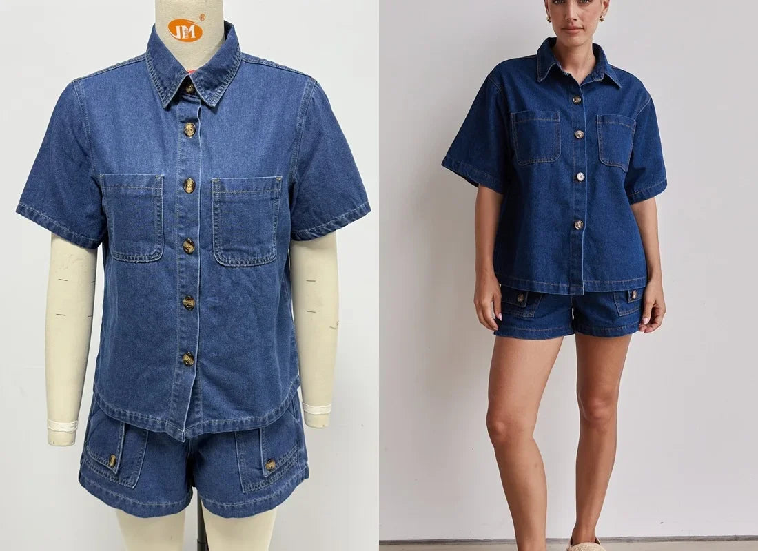 Women's Cross-Border Summer Suit™ Casual Vintage Loose-Fit Denim Shorts Suit