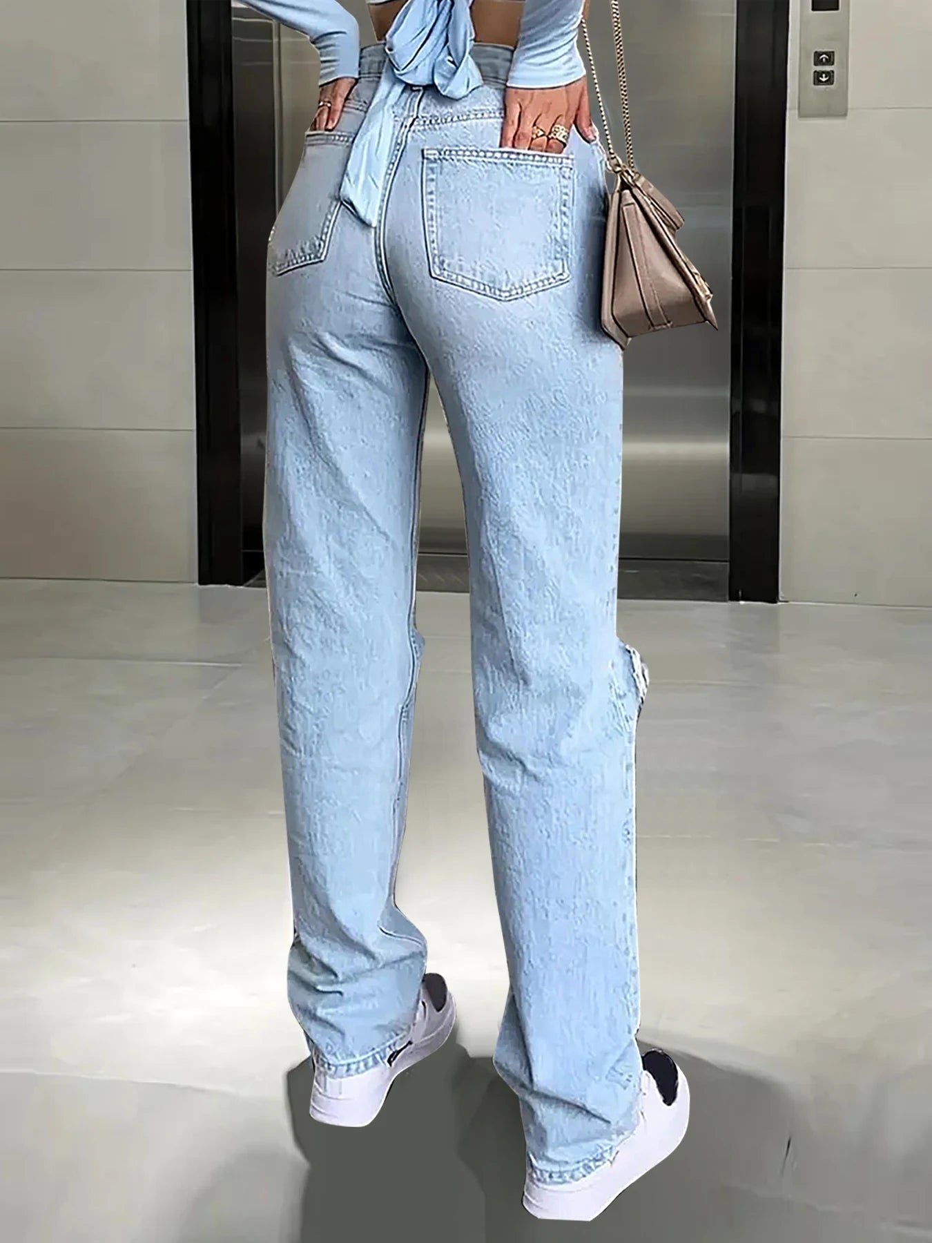 Women's High-Waisted Straight-Leg Jeans™ Light Blue Denim Pants With Rips
