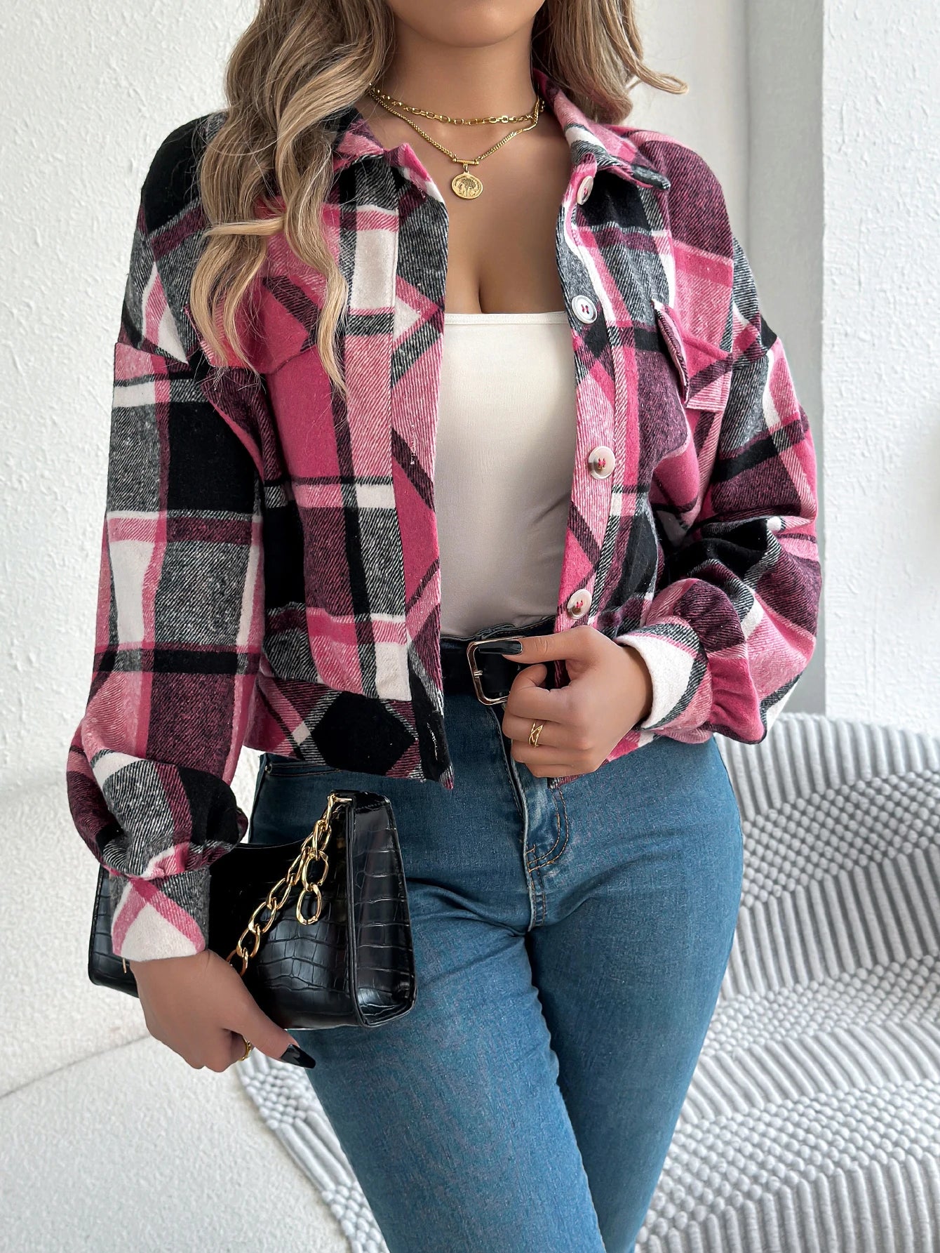 Women's Plaid Short Coat™ Lantern Long Sleeve Turn-Down Collar Button Woolen Jacket