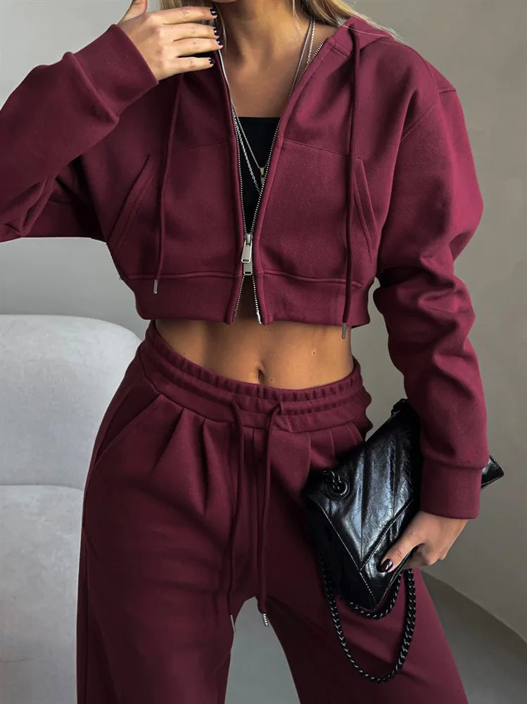 Women's Tracksuit™ Autumn Winter Fashion Casual Hooded Zipper Short Cardigan and Loose Pants Set