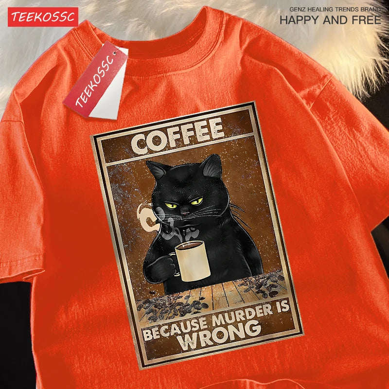 Men & Women Oversized T Shirts™ Black Cat Drink Coffee Cotton Streetwear T-Shirt