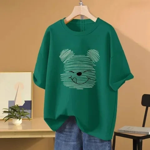 Women's Oversized Half Sleeve T-shirt Loose Fit Vintage Cartoon Bear Design T-shirt
