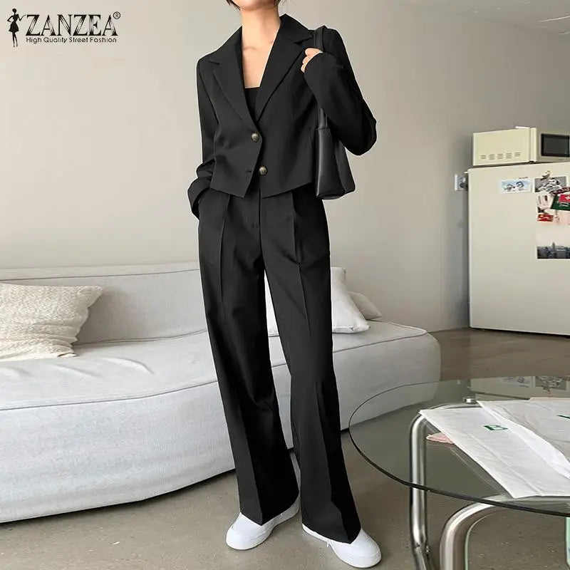 Women's Vintage Tracksuit™ ZANZEA Elegant Blazer Long Sleeve Tops Wide Leg Pants Work Suit