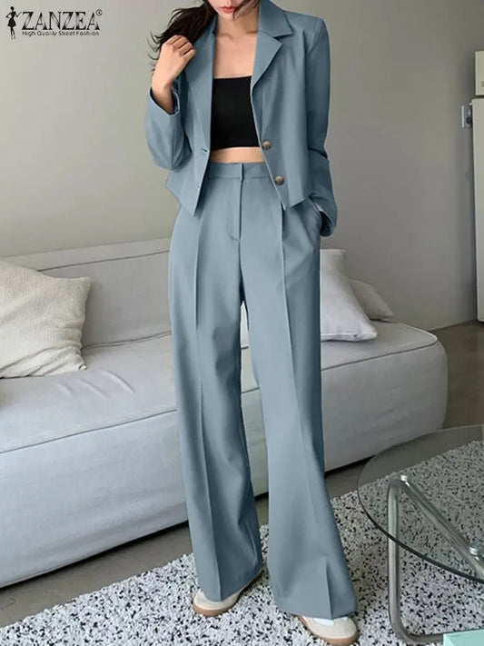 Women's Vintage Tracksuit™ ZANZEA Elegant Blazer Long Sleeve Tops Wide Leg Pants Work Suit