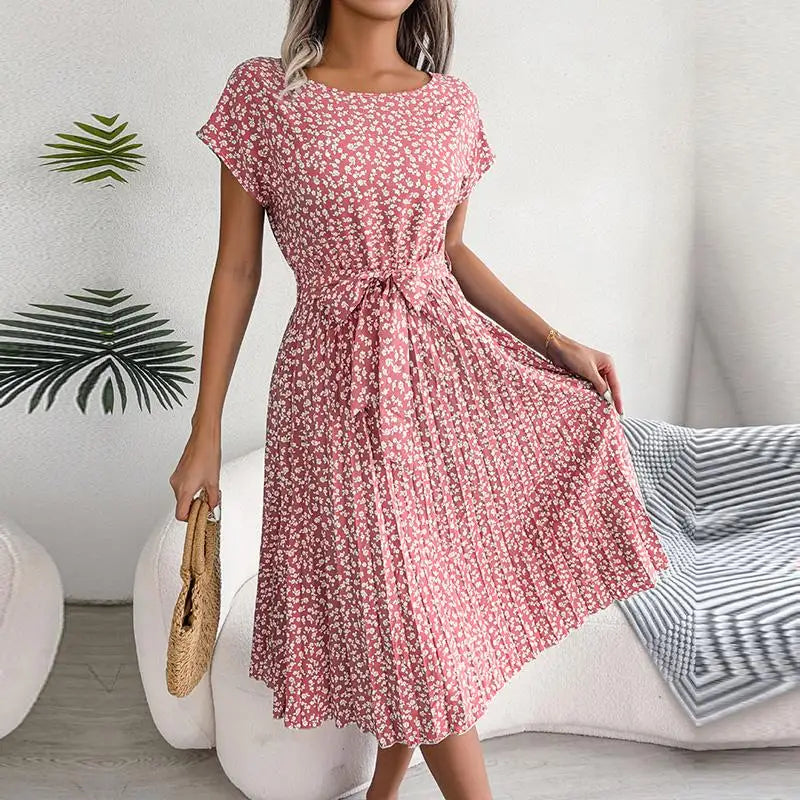 Women Dresses™ Spring Summer Short Sleeve High Waist Floral Pleated A Line Long Dress