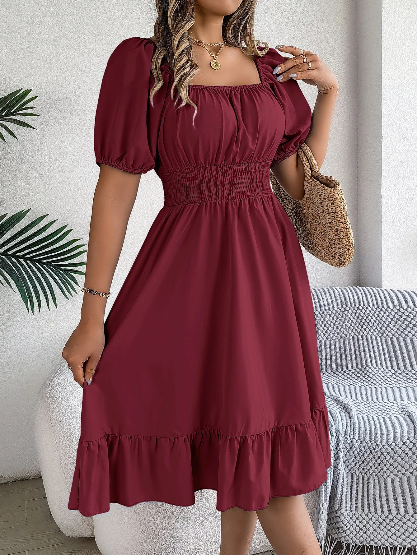 Women's Solid Puff Sleeve Square Neck Dress™ Ruched Bust Ruffle Hem Waist Dress,