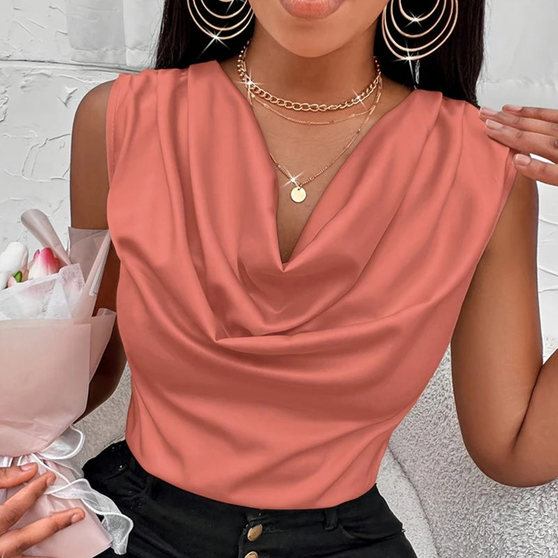 Women's Silk-Like Satin Tank Tops™ Strappy Cowl Neck T-Shirts