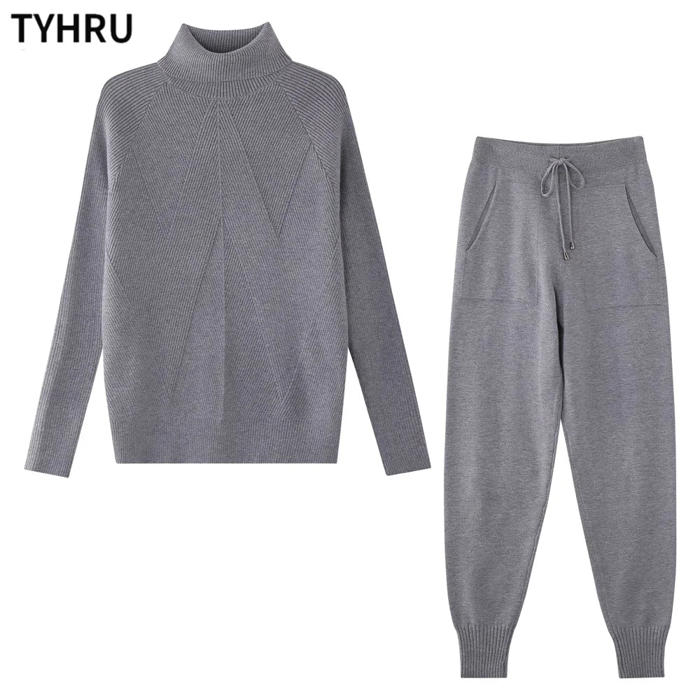 Women's tracksuit™ TYHRU Autumn Winter Knitted Striped Turtleneck Sweater and Elastic Trousers Set