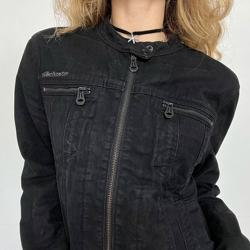 Rockmore Women's Double Zipper Denim Jackets™ Harajuku Cargo Style Casual Vintage Long Sleeve Jacket