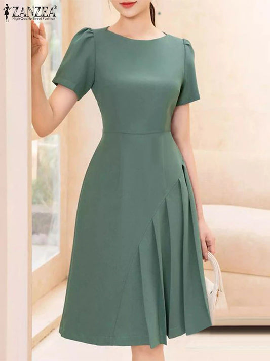 Women's ZANZEA Summer Elegant OL Work Dress™ Short Sleeve A Line  Solid Pleated Dresses