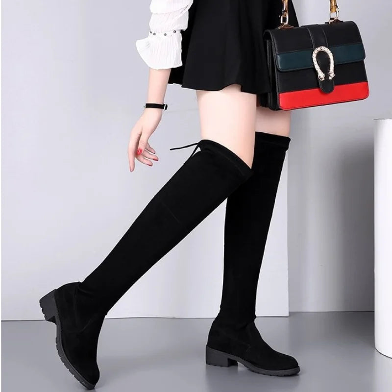 Women's Boots™ Winter Black Over The Knee Lace Up Chunky Round Toe Boots